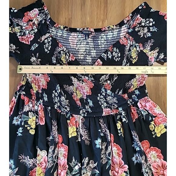 Torrid 3X Smocked Black & Pink Floral Fit‑and‑Flare Skater Dress – EUC - Picture 7 of 11